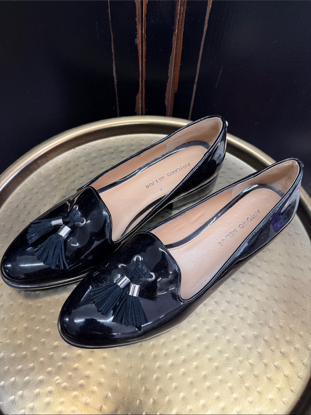 Antonio Melani Black Patent Tassel Loafers for Women NWOT
